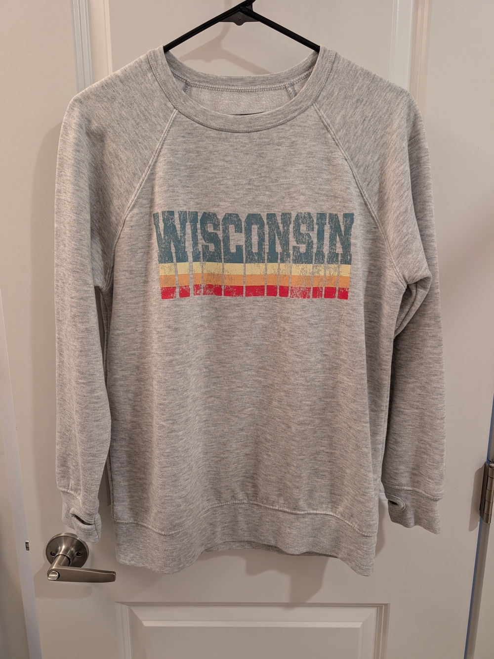 Women's Light Gray Crewneck with Colorful Distressed WISCONSIN Graphic